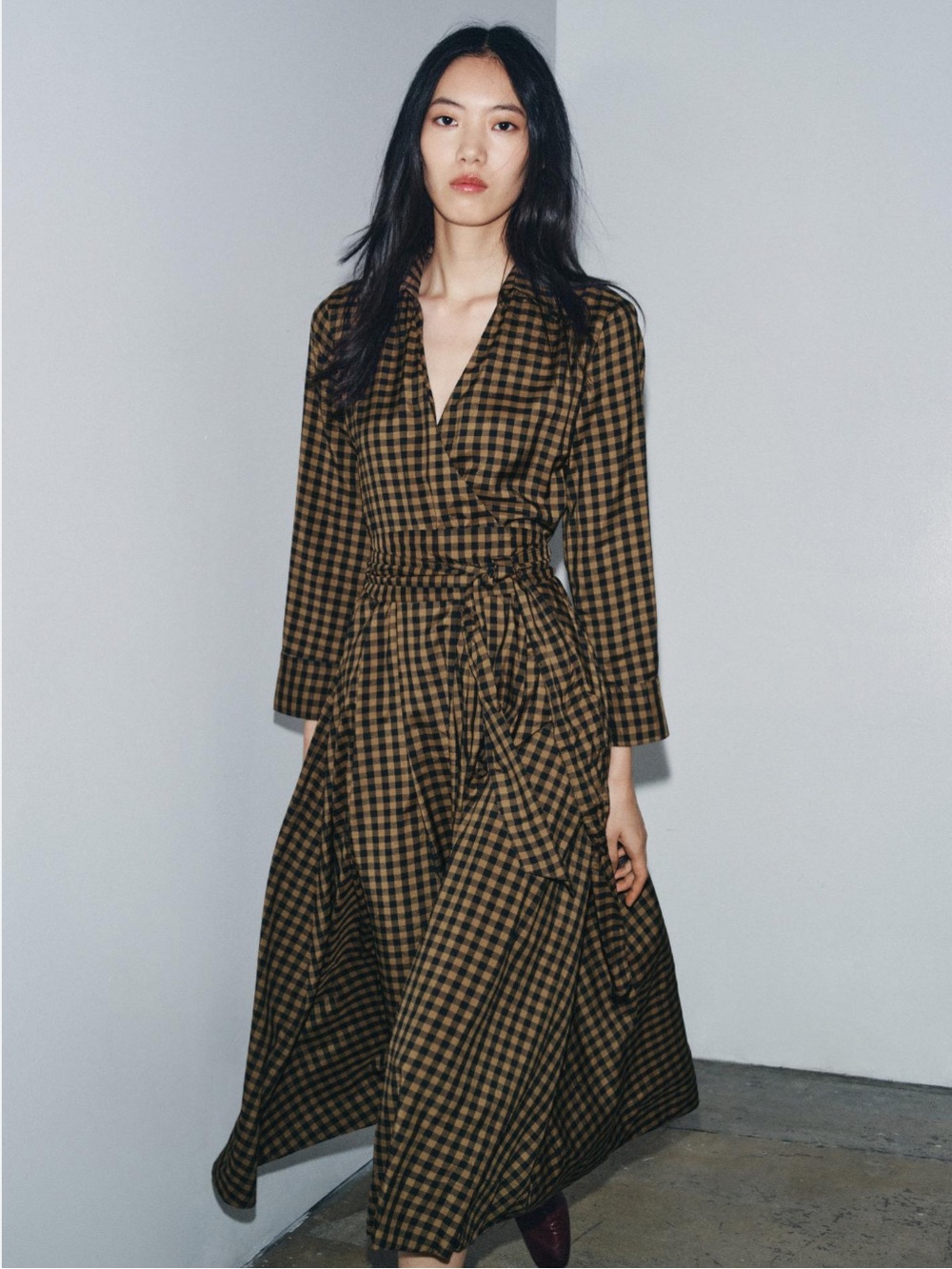 Zara NWT gingham check print long sleeve belted midi dress 8789/078